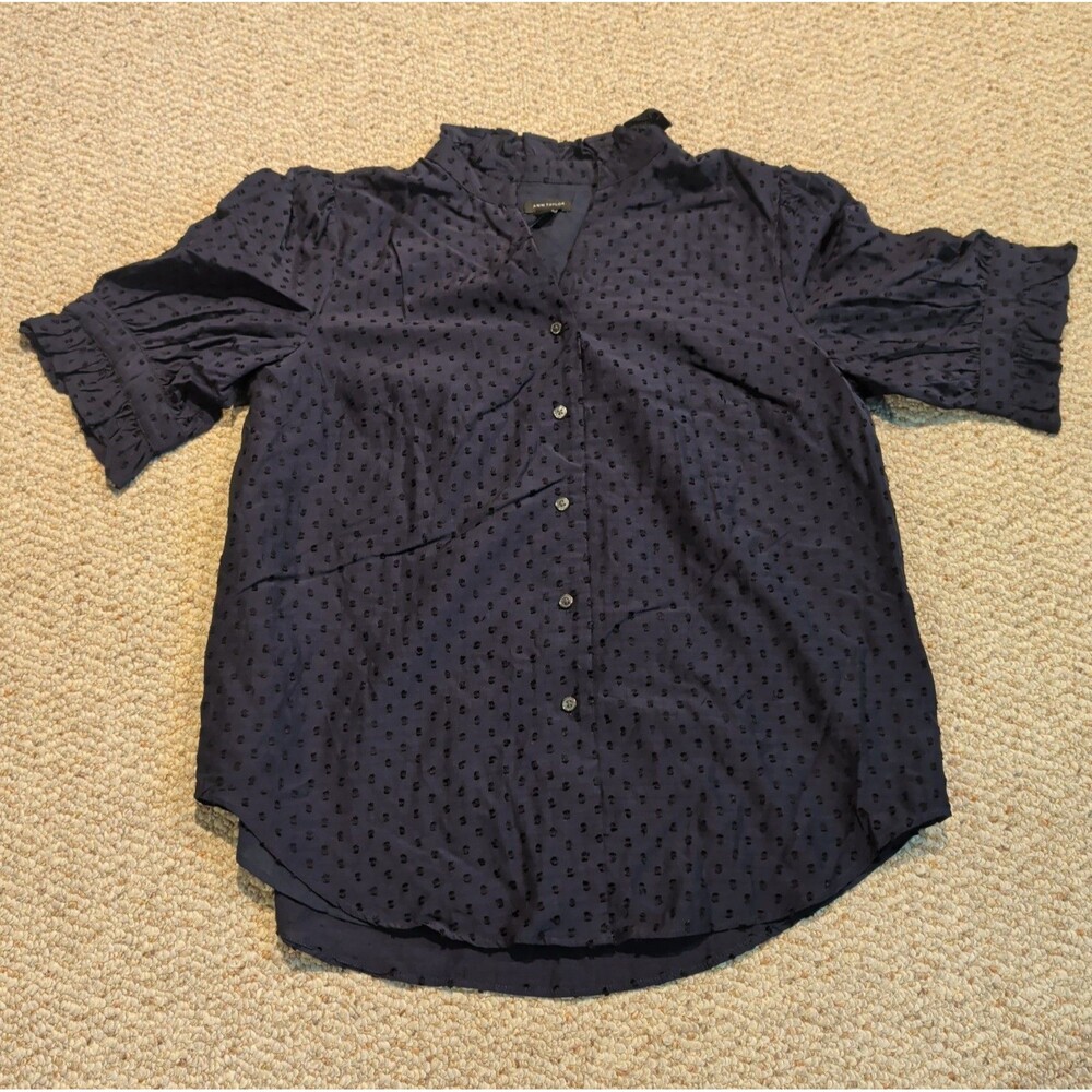 Ann Taylor Ruffle Button Up Blouse Womens Small Black Short Sleeve Feminine